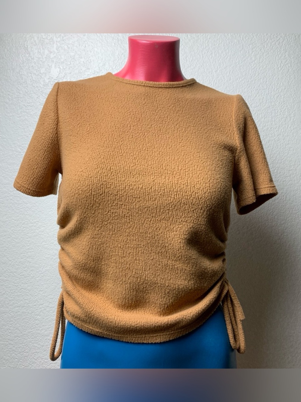 Camel Textured Ruched Drawstring Side Top